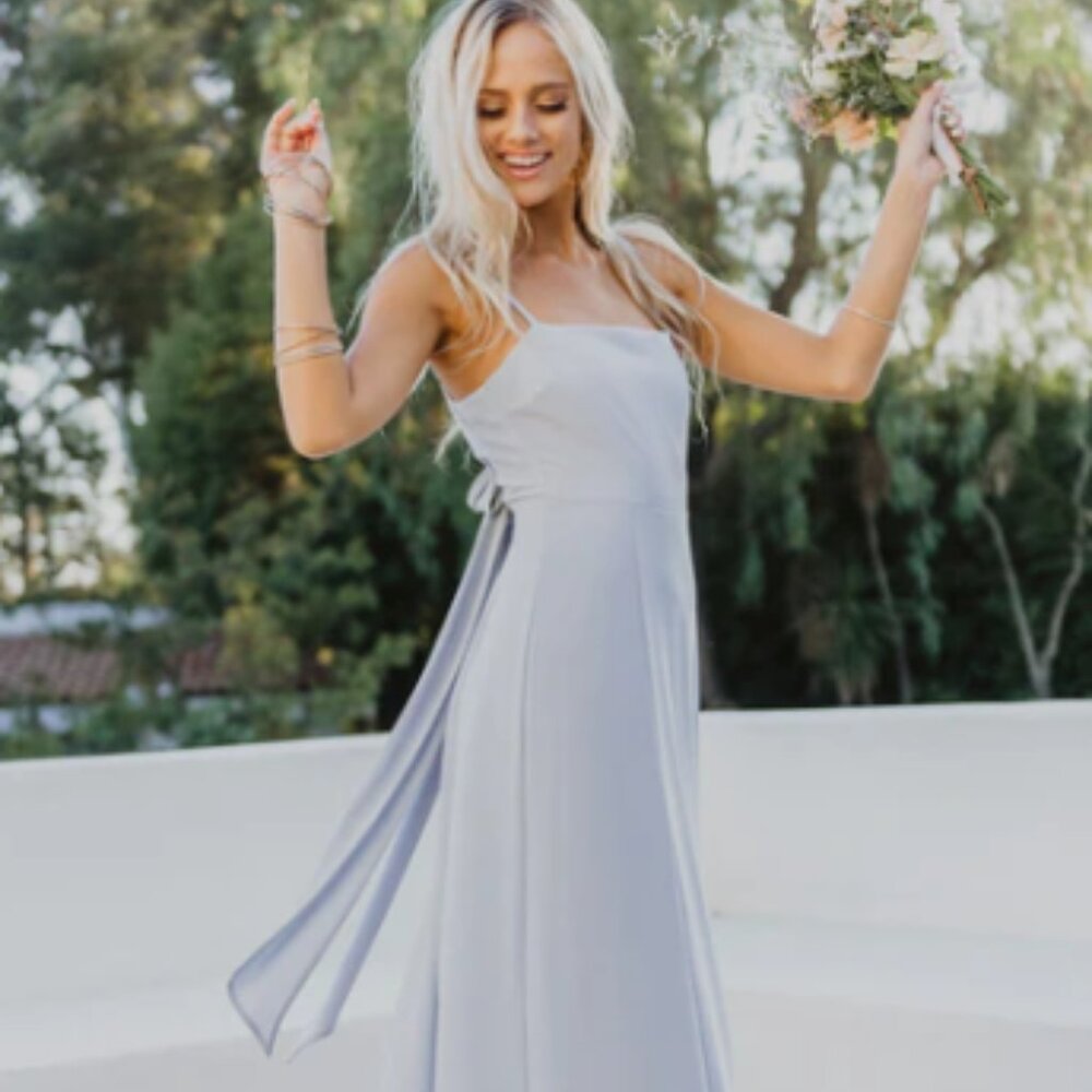 Show me your Mumu Lauren Tie Maxi Dress Steel Blue Chiffon Bridesmaid Size Small